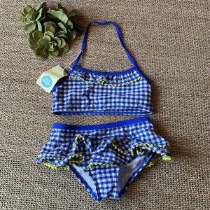 Mini Boden Bathing Suit Girls 9/10 Bikini Blue Check Seersucker 2 Piece New